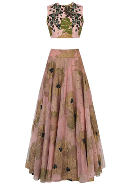 Bhumika Sharma Pink and Green Floral Bunch Embroidered Lehenga Set